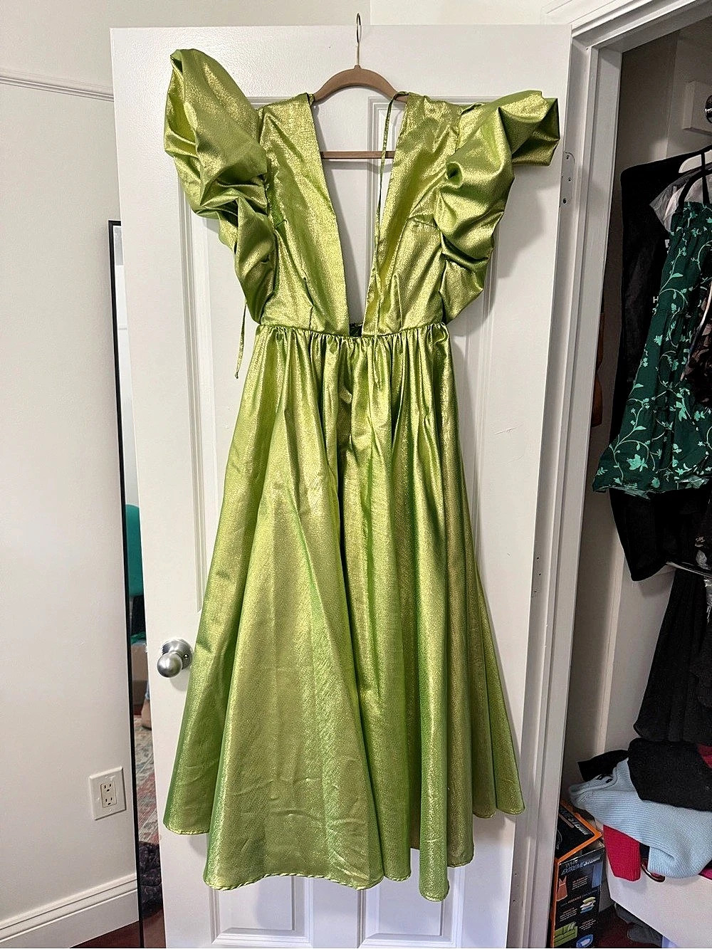Selva Negra Mariposa Dress in Metallic Matcha Green Midi Dress Medium